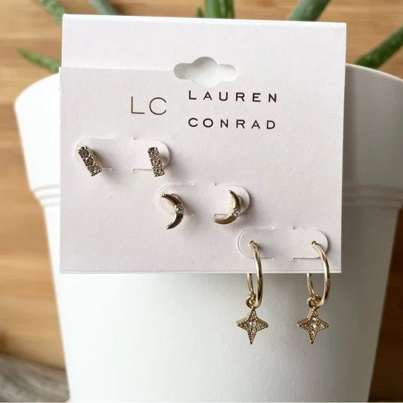 NWT LC LAUREN CONRAD Moon stud star hoop stud earrings, three pairs included - Picture 6 of 10